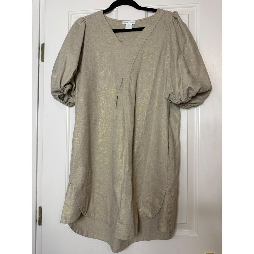 Cynthia Rowley Gold Metallic Floral Jacquard Puff Sleeve V-Neck Shift Dress S